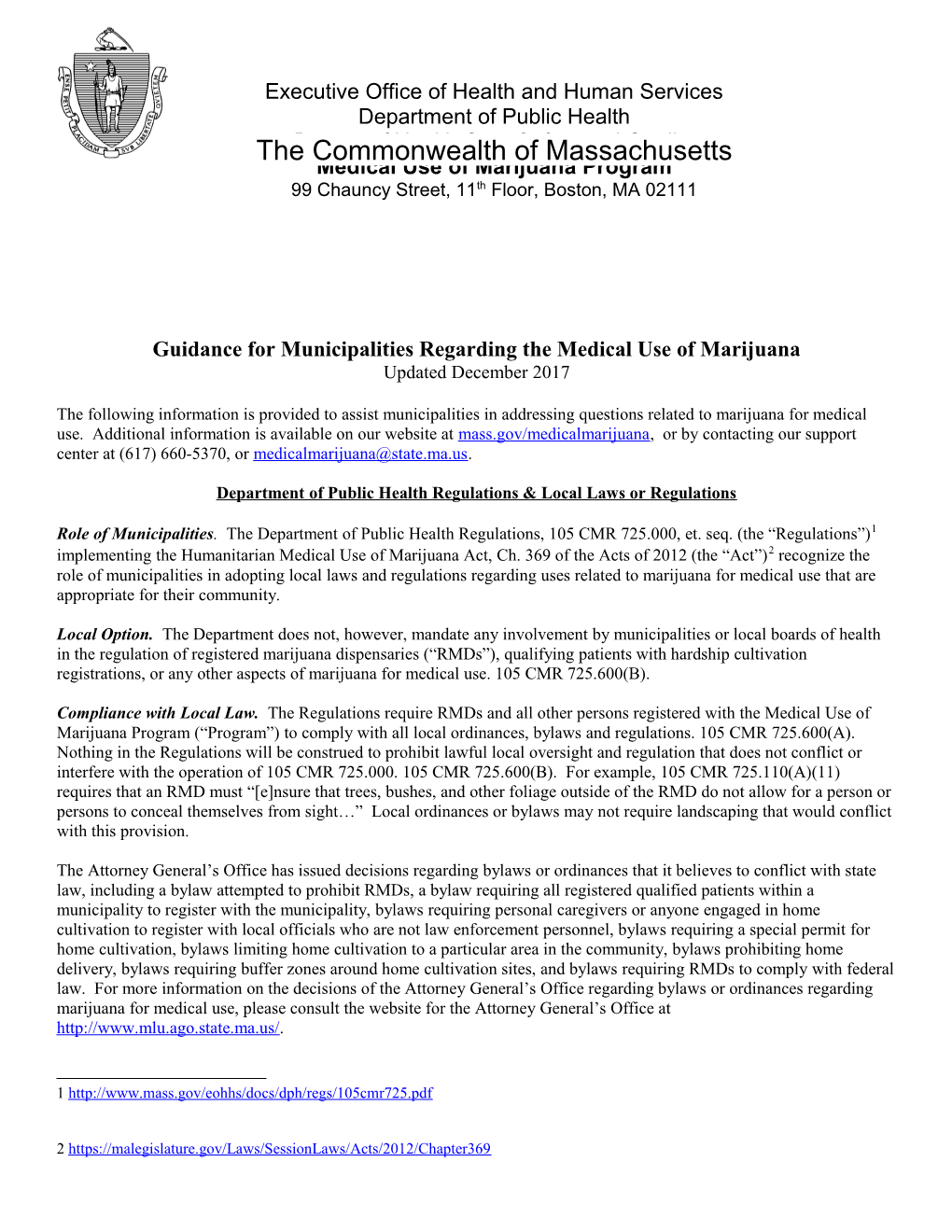 Guidance for Municipalities Regarding the Medical Use of Marijuana