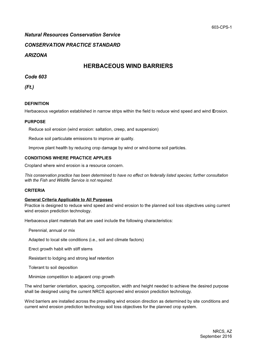 Conservation Practice Standard 603 Herbaceous Wind Barriers