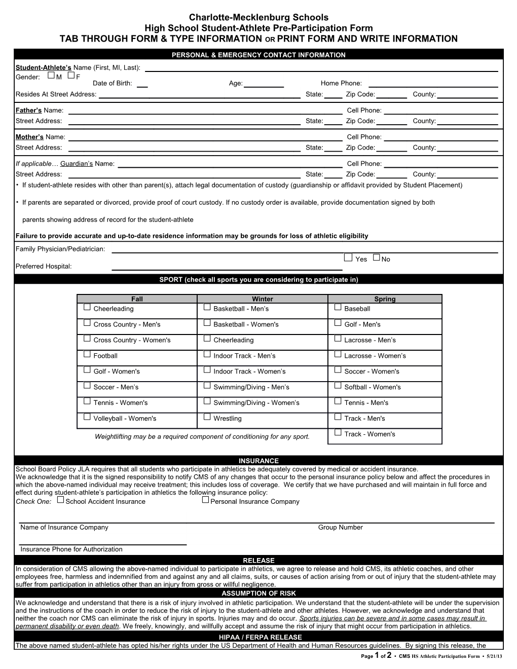 High School Student-Athlete Pre-Participation Form