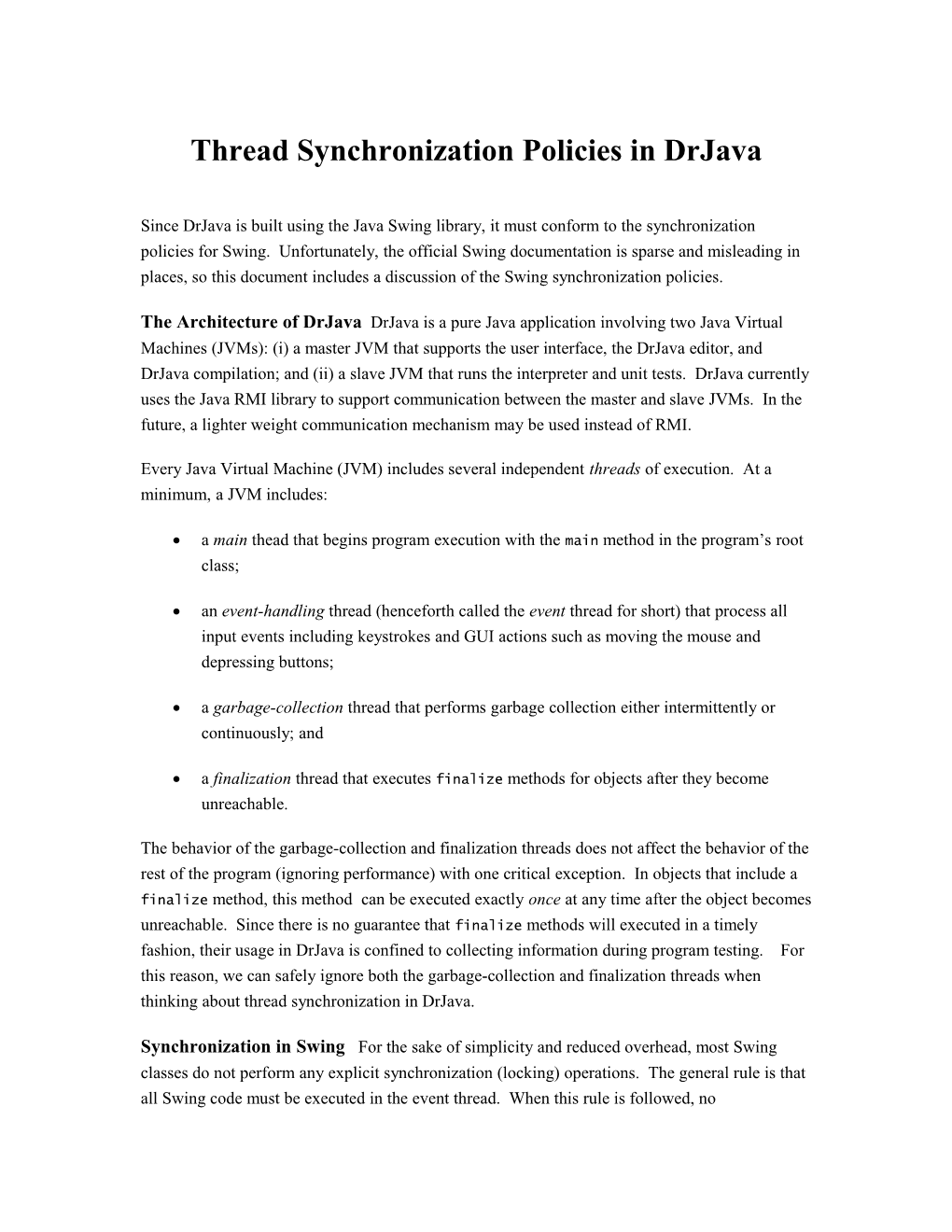 Thread Synchronization Policies in Drjava