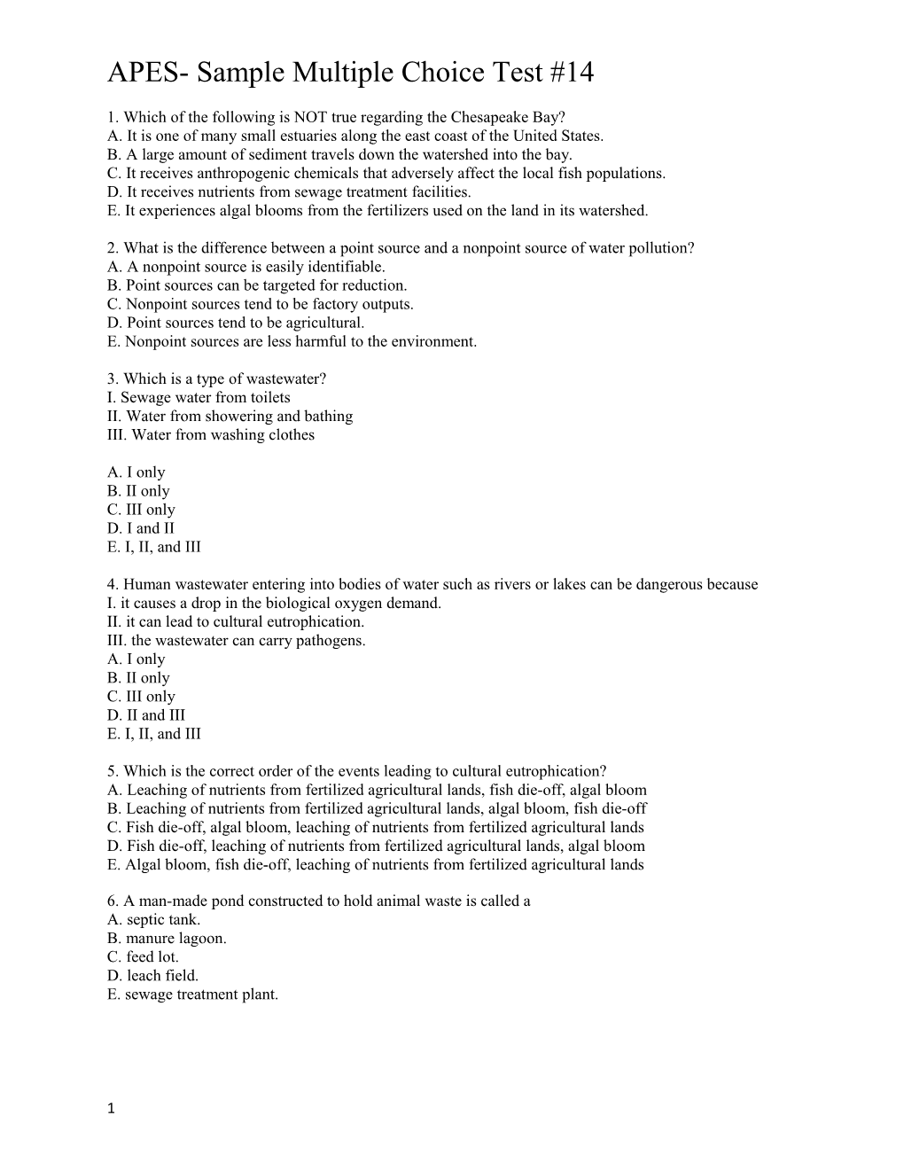 APES- Sample Multiple Choice Test #14