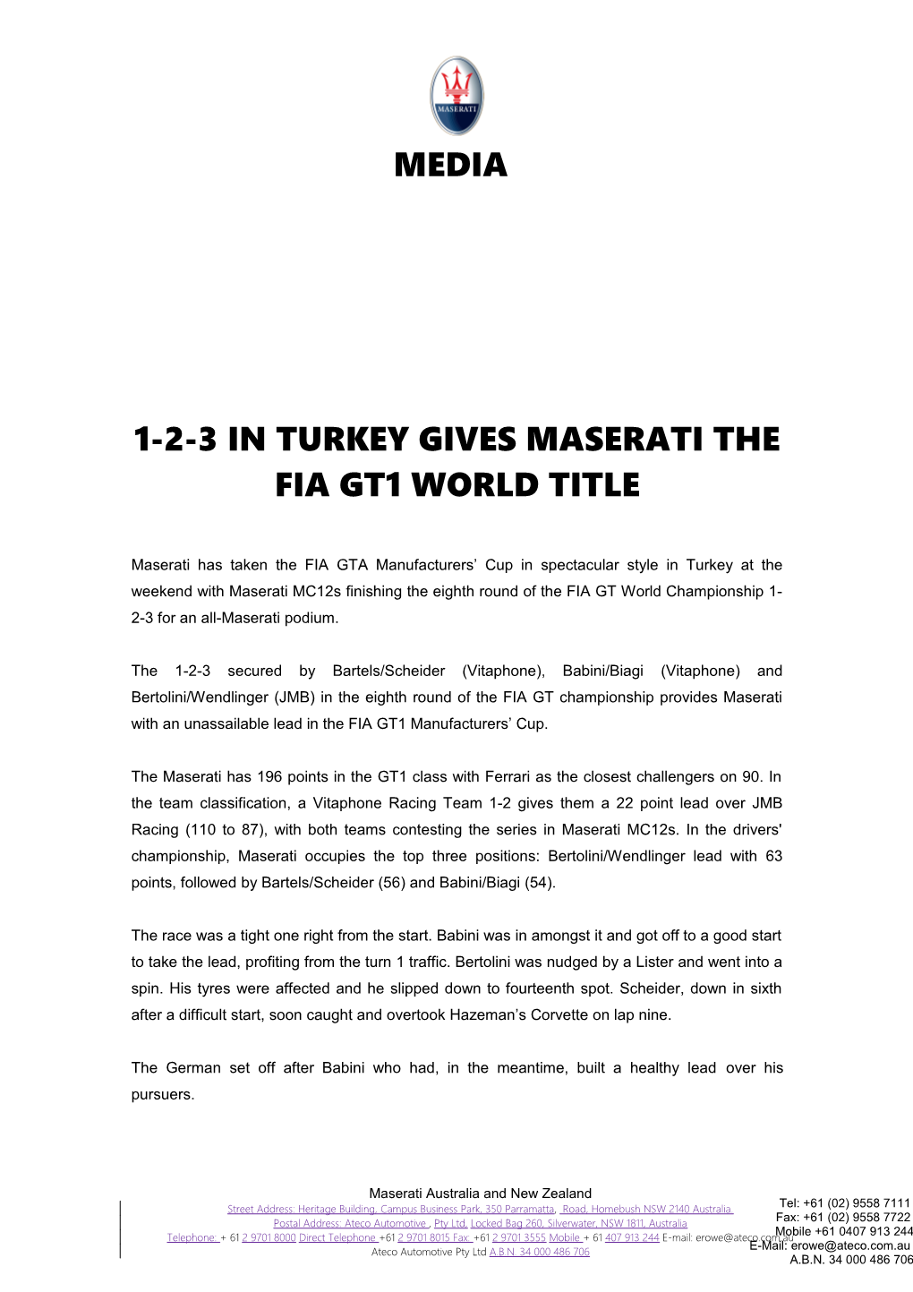 1-2-3 in Turkey Gives Maserati the Fia Gt1 World Title