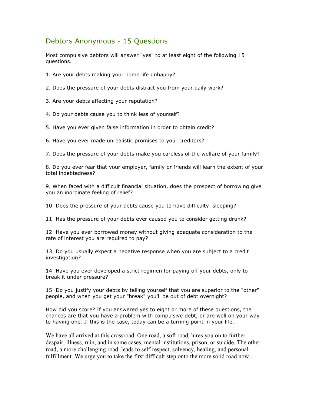 Debtors Anonymous - 15 Questions