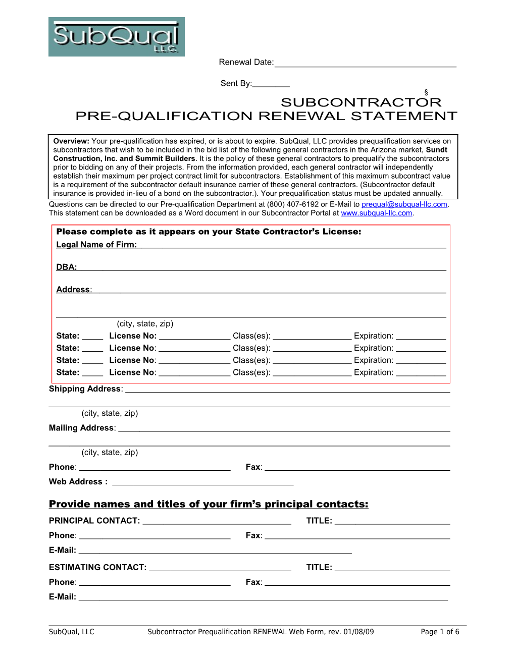 Subcontractor/Vendor Pre-Qualification Statement