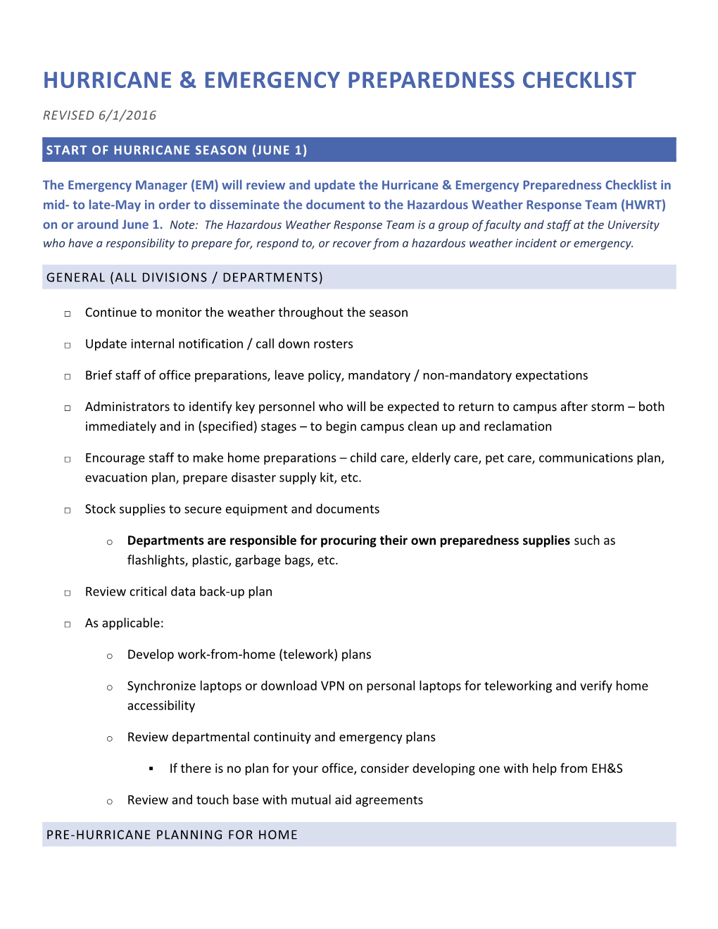 Hurricane & Emergency Preparedness Checklist