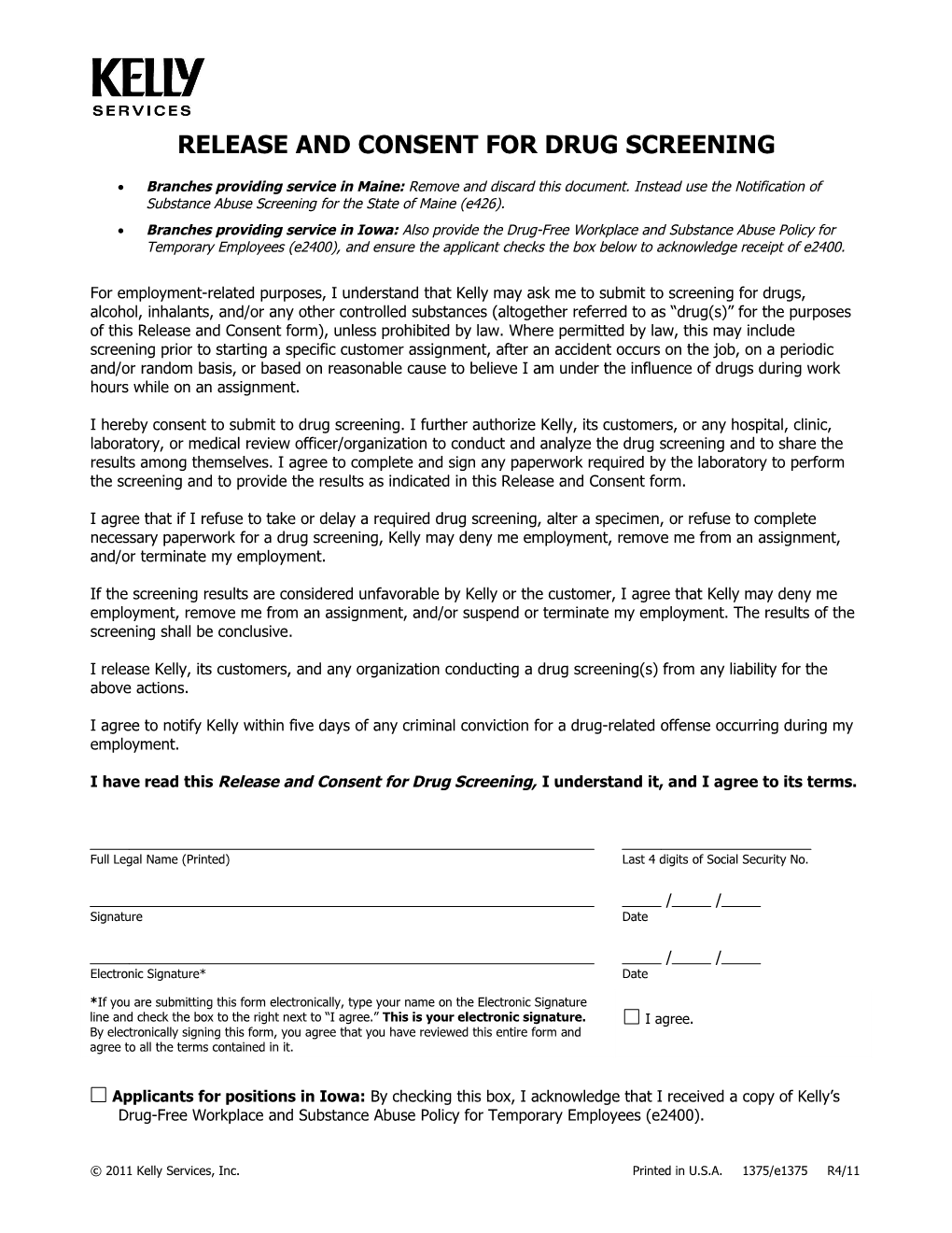 Release and Consent for Drug Screening (1375/E1375)