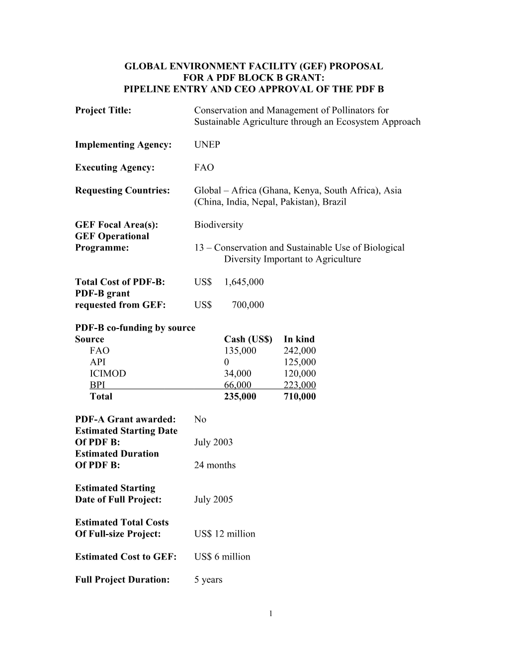 Global Environment Facility (Gef) Proposal