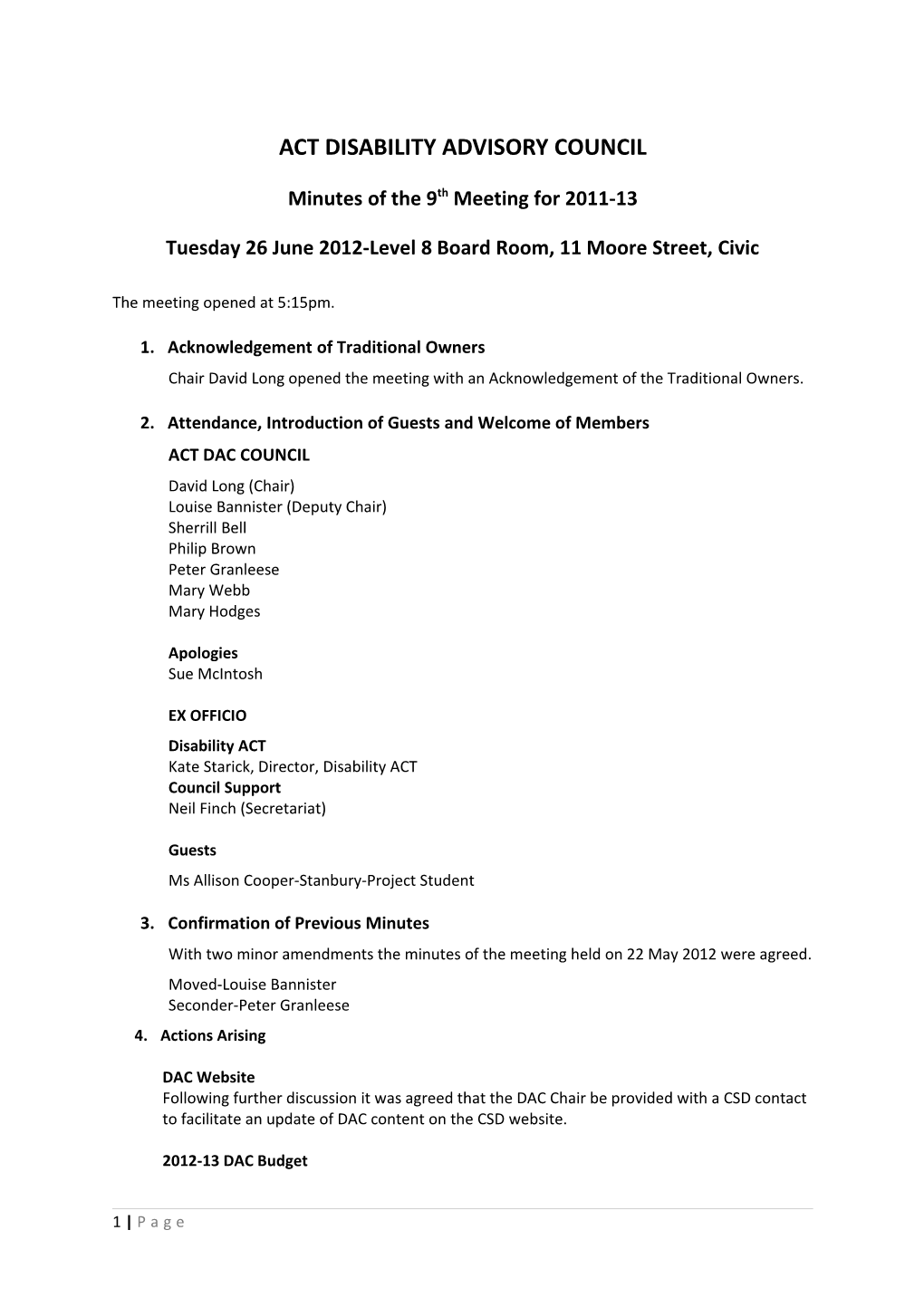 ACT Disability Advisory Council Meeting Minutes 26.06.12