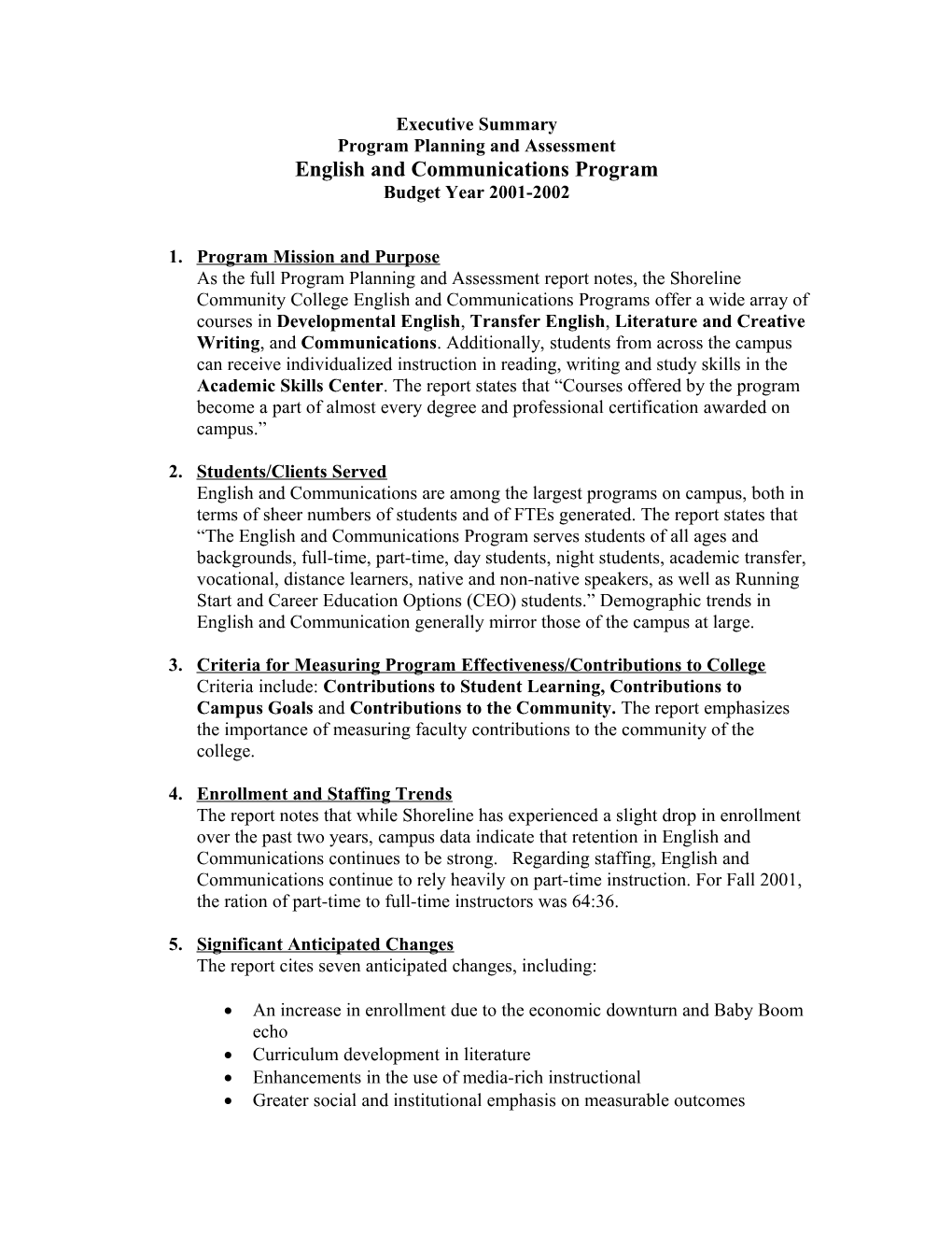 Notes for Executive Summary for Program Planning and Assessment, English and Communication