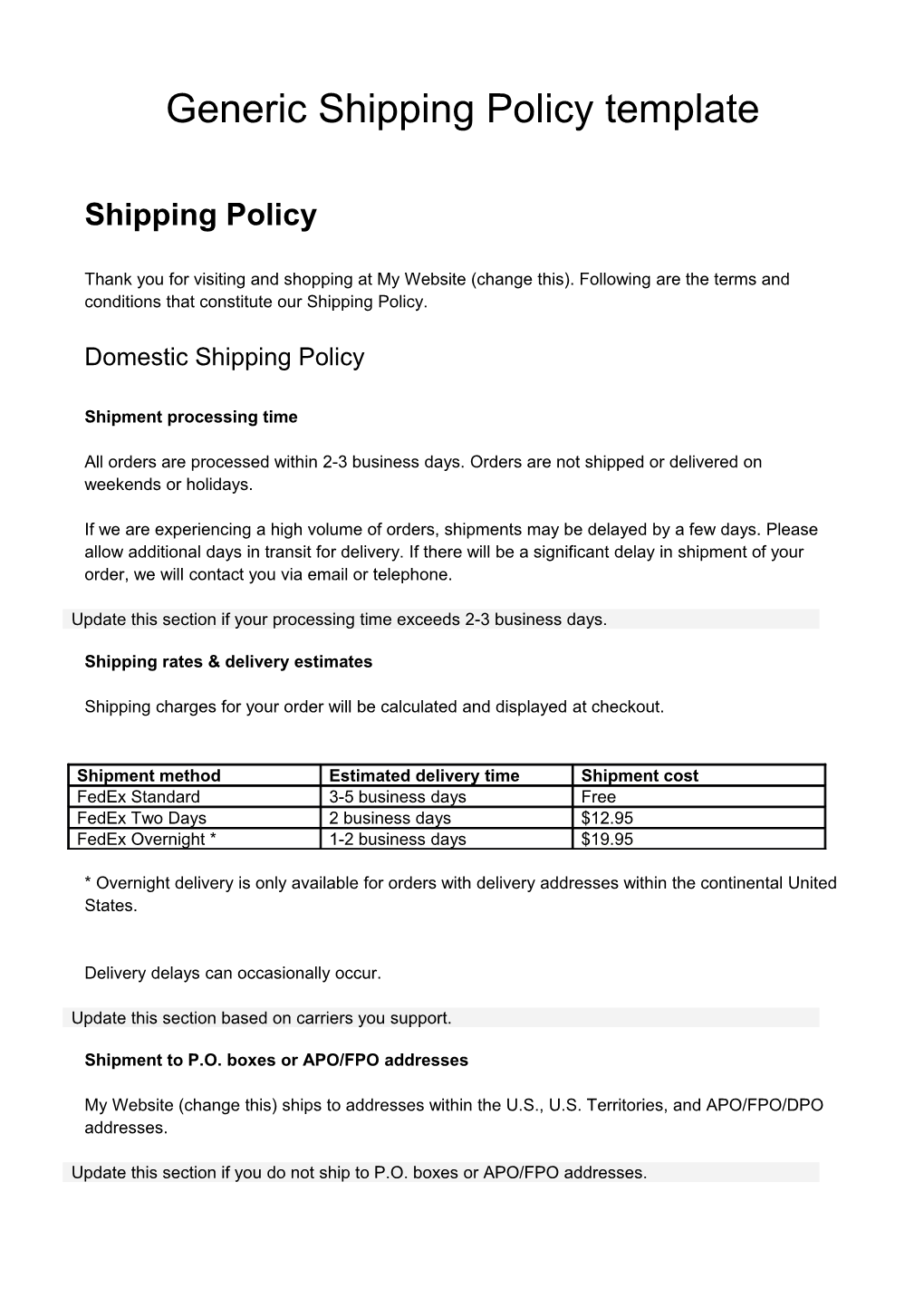 Generic Shipping Policy Template