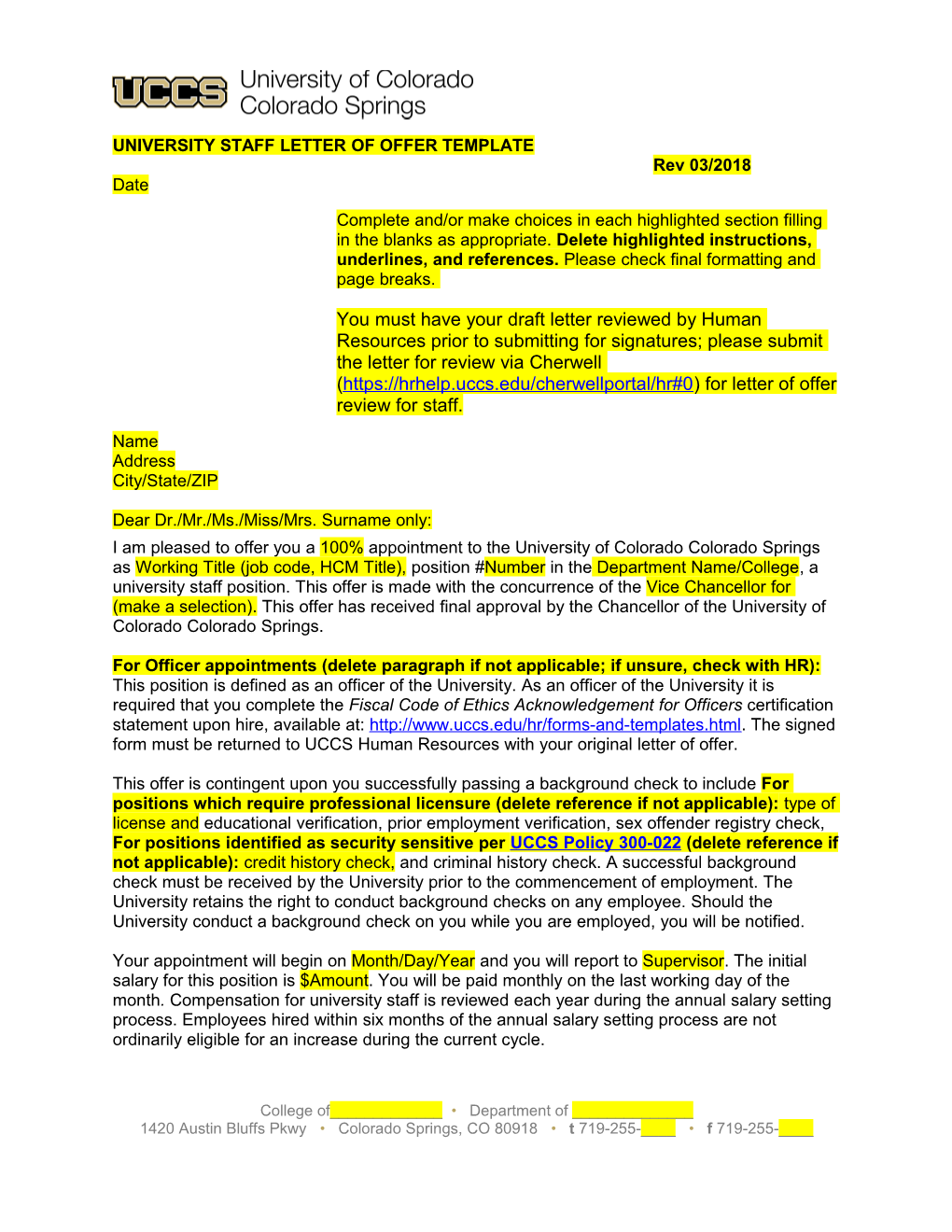 University Staff Letter of Offer Template