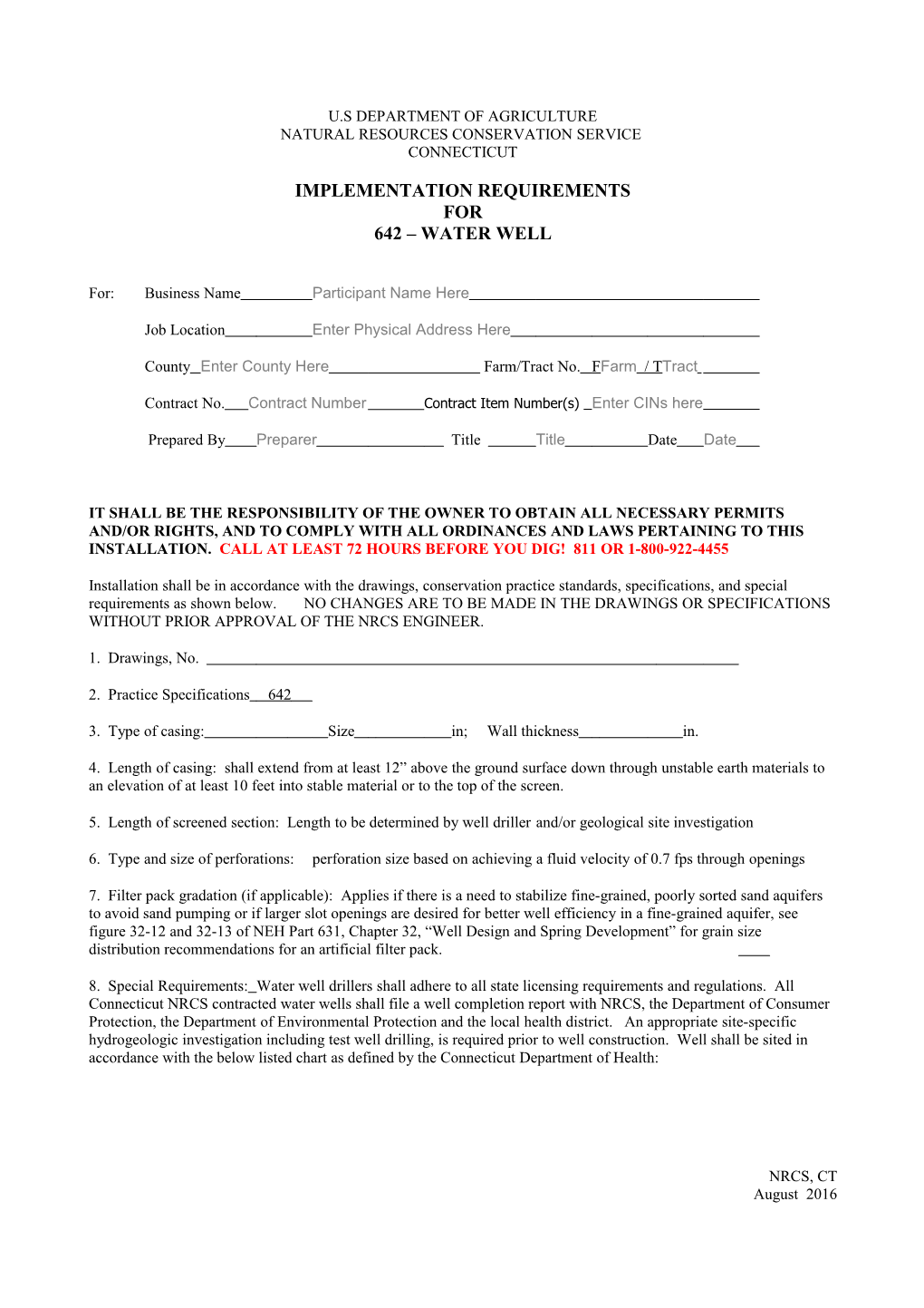 IMPLEMENTATION REQUIREMENTS for 642 WATER Well