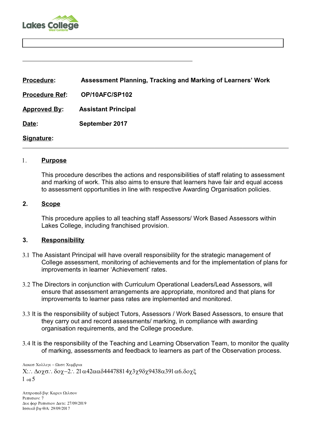 Assessment and Marking of Learners' Work