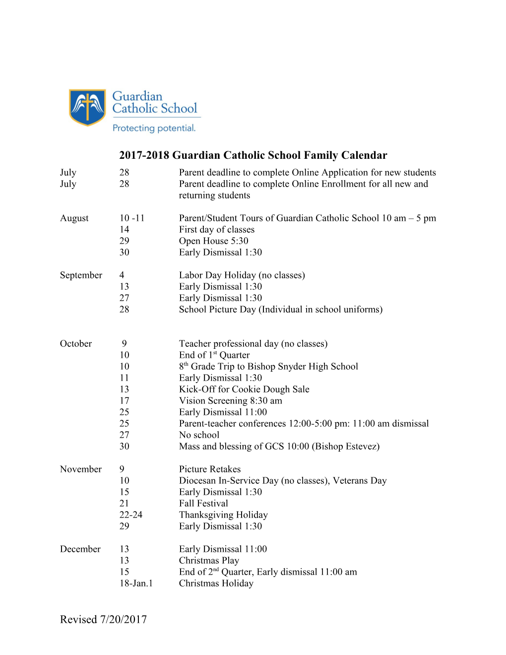 2017-2018 Guardian Catholic School Family Calendar