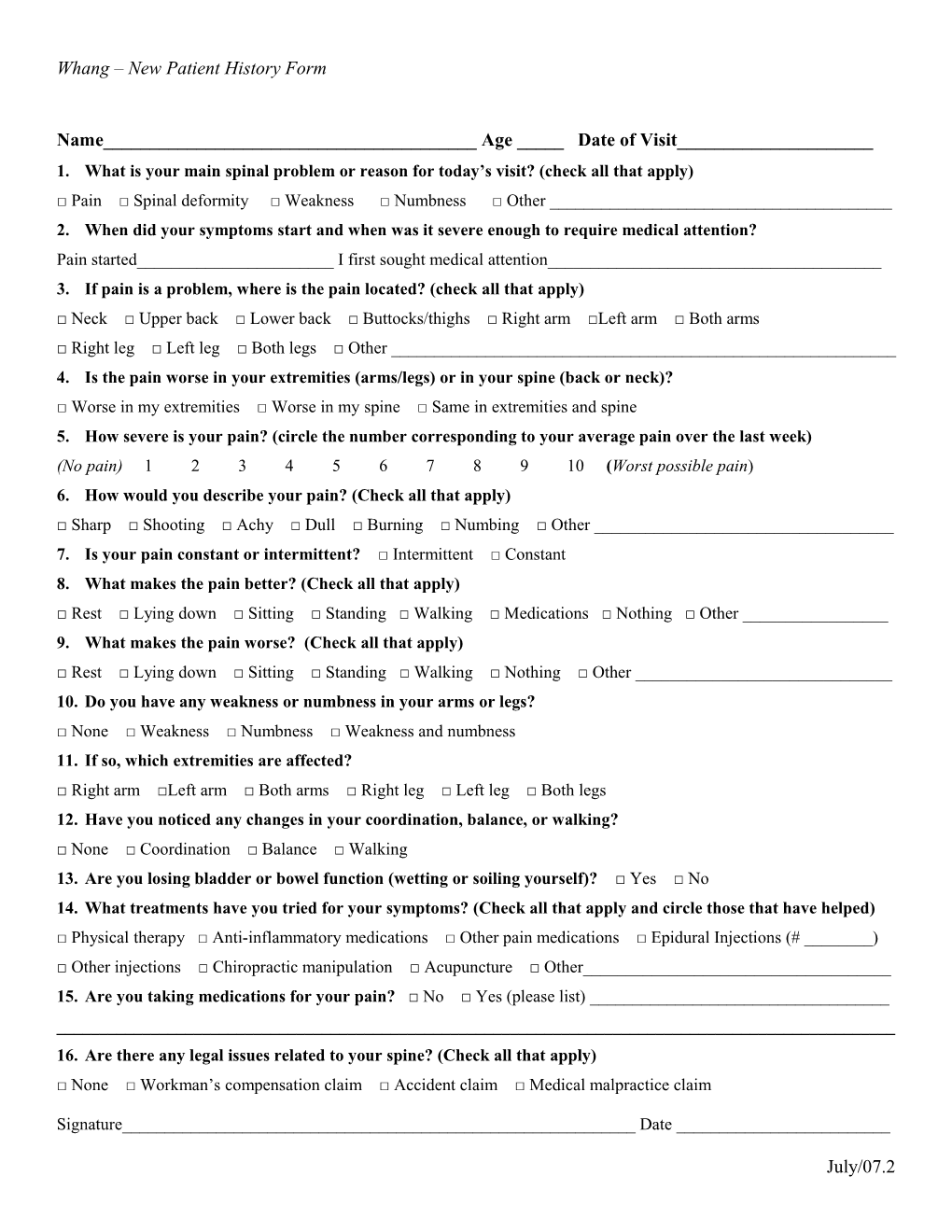 Whang New Patient History Form