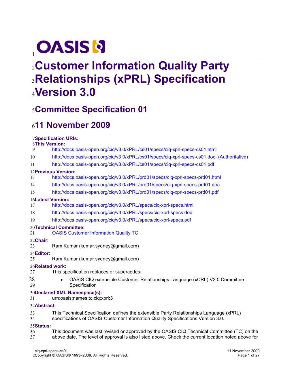 Customer Information Quality Specifications Version 3.0 - Party Relationships (Xprl)