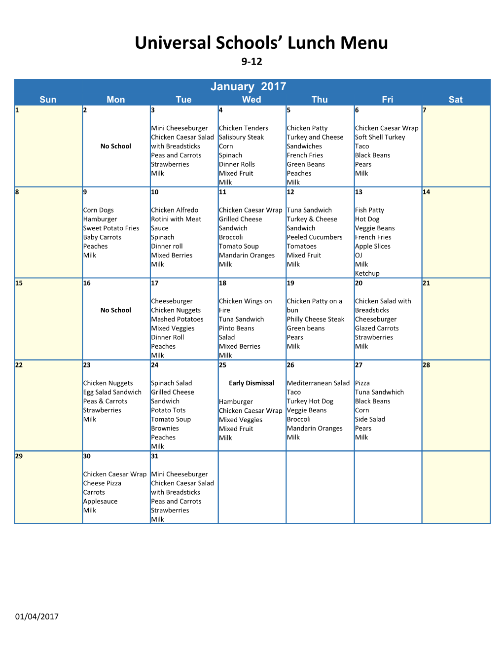 Universal Schools Lunch Menu