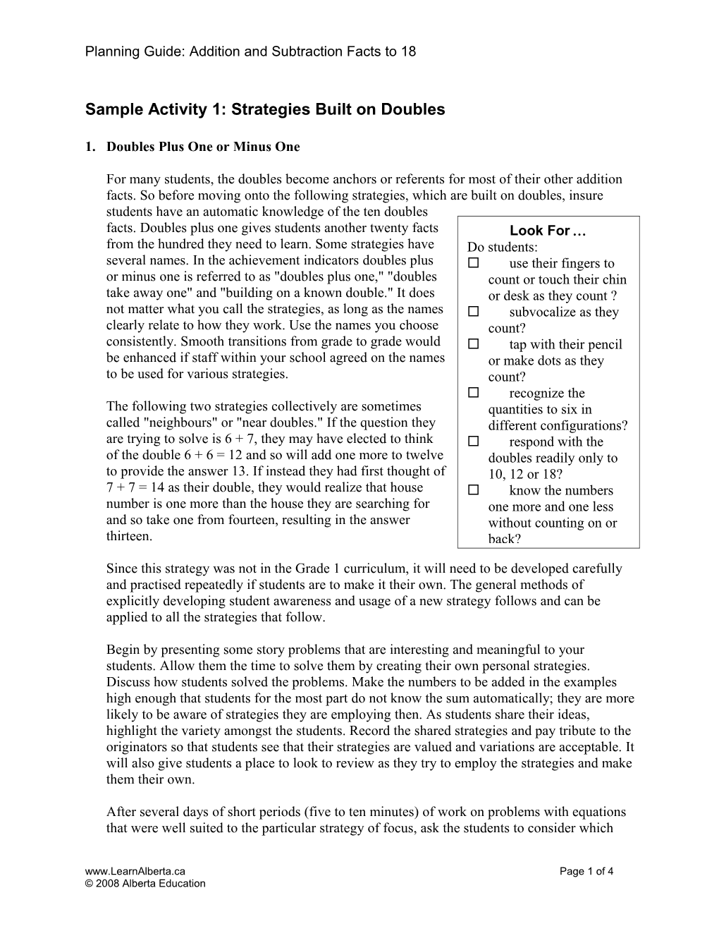 Sample Activity 1: Strategies Built on Doubles