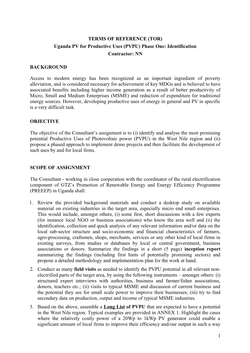 Uganda PV for Productive Uses (PVPU) Phase One: Identification