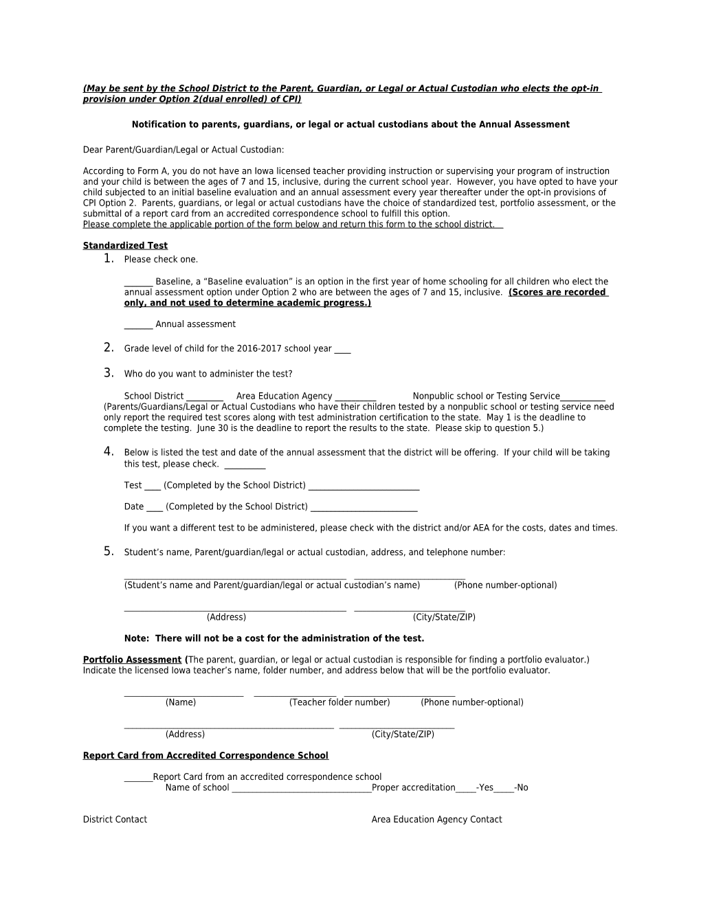 Notification to Parents, Guardians, Or Legal Or Actual Custodians About the Annual Assessment