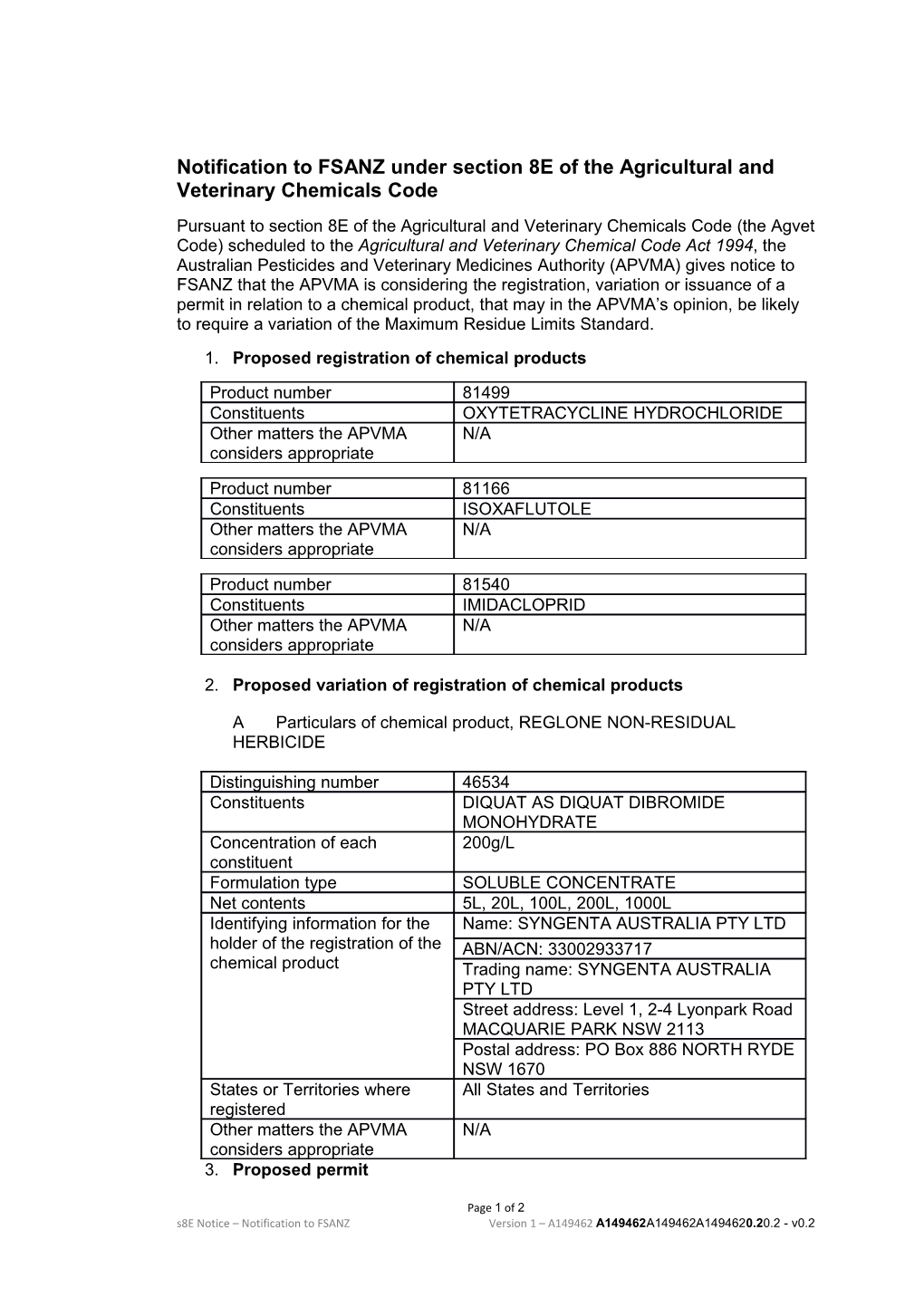 Notification to FSANZ Under Section 8E of the Agricultural and Veterinary Chemicals Code