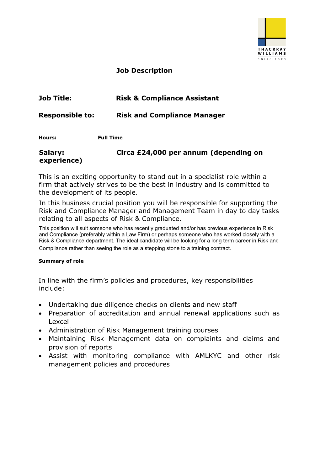 Job Title: Risk & Compliance Assistant
