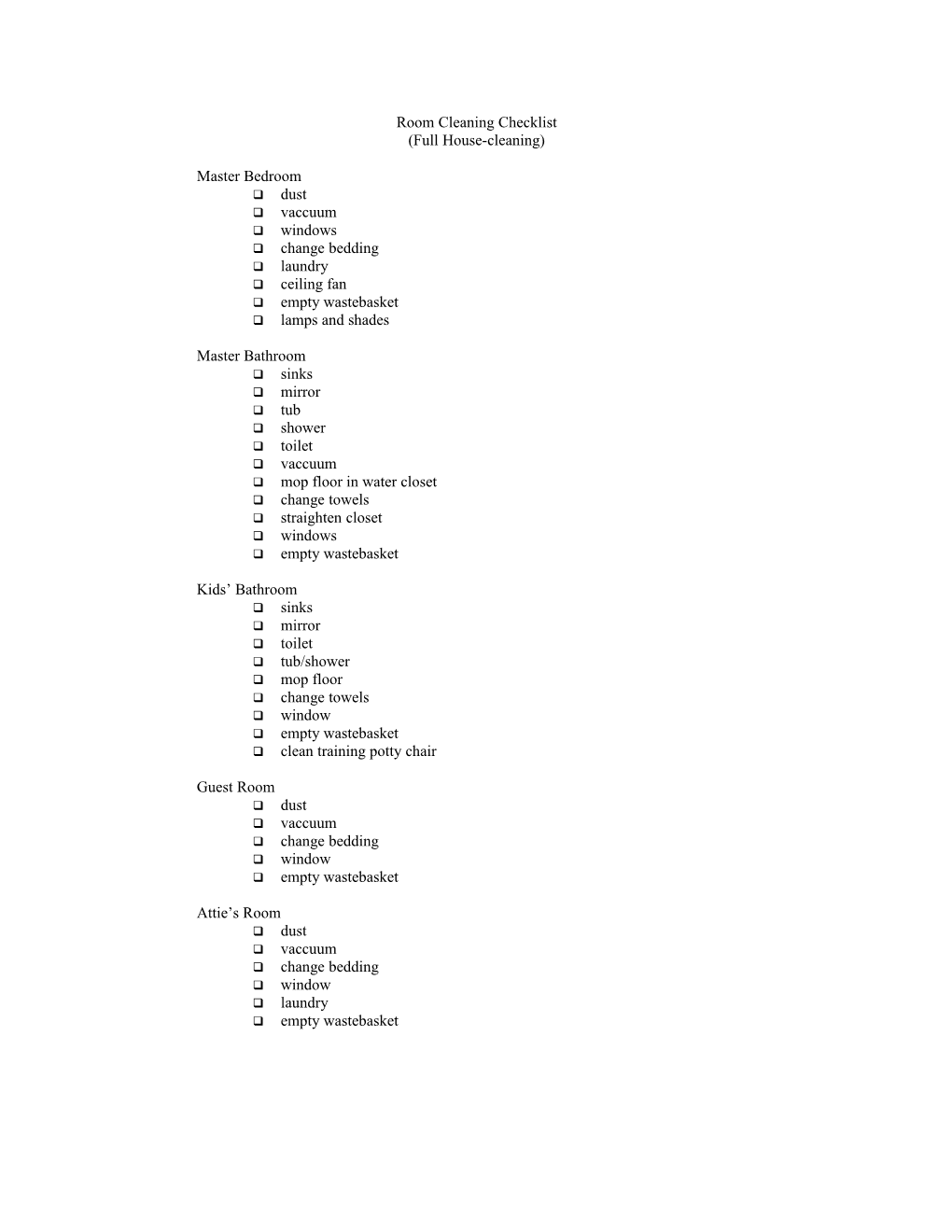 Master Cleaning Checklist