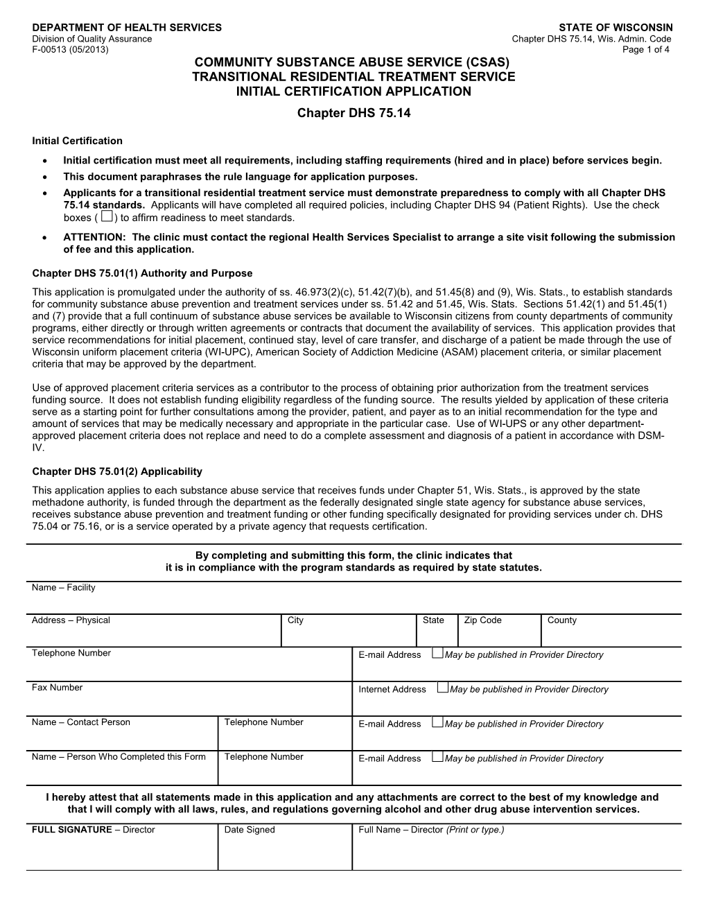 CSAS Transitional Residential Treatment Service Initial Certification Application-DHS 75.14