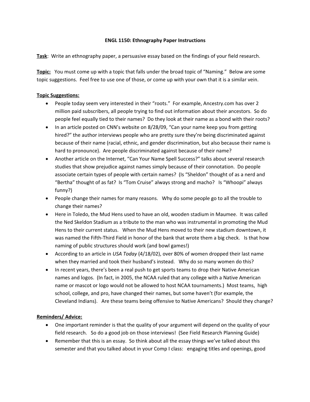 ENGL 1150: Ethnography Paper Instructions