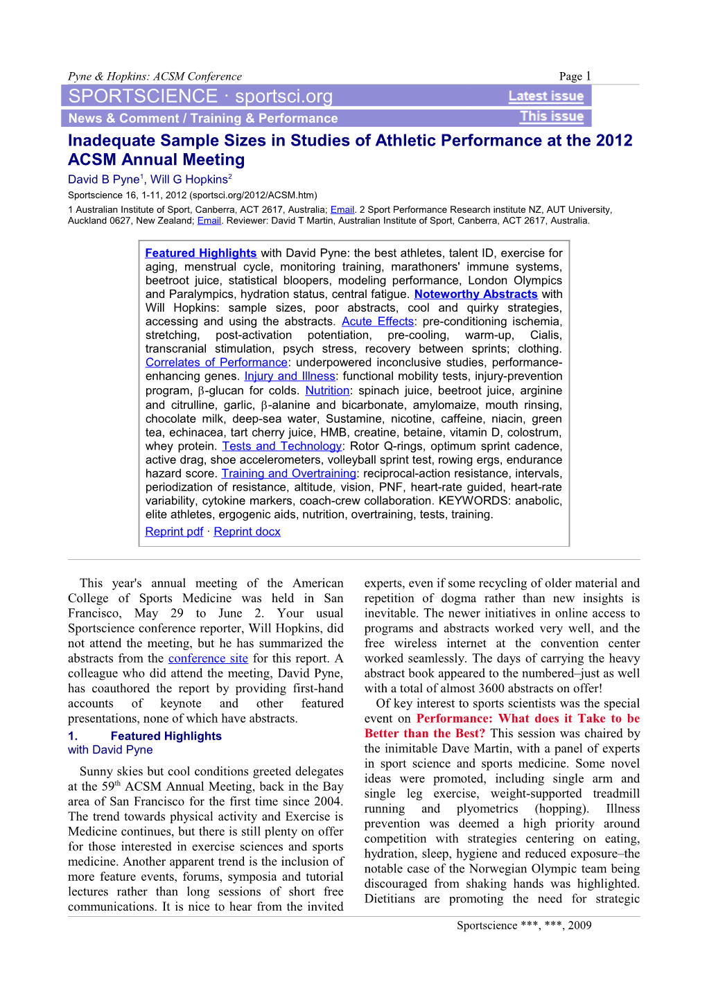 Inadequate Sample Sizes in Studies of Athletic Performance at the 2012 ACSM Annual Meeting