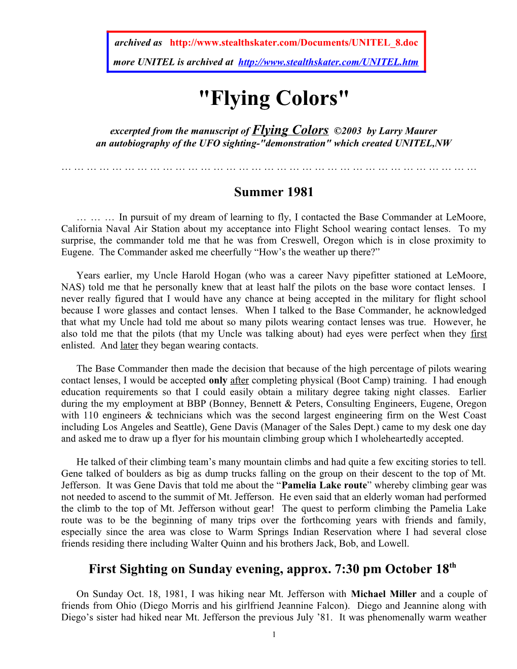 Excerpted from the Manuscript of Flying Colors 2003 by Larry Maurer