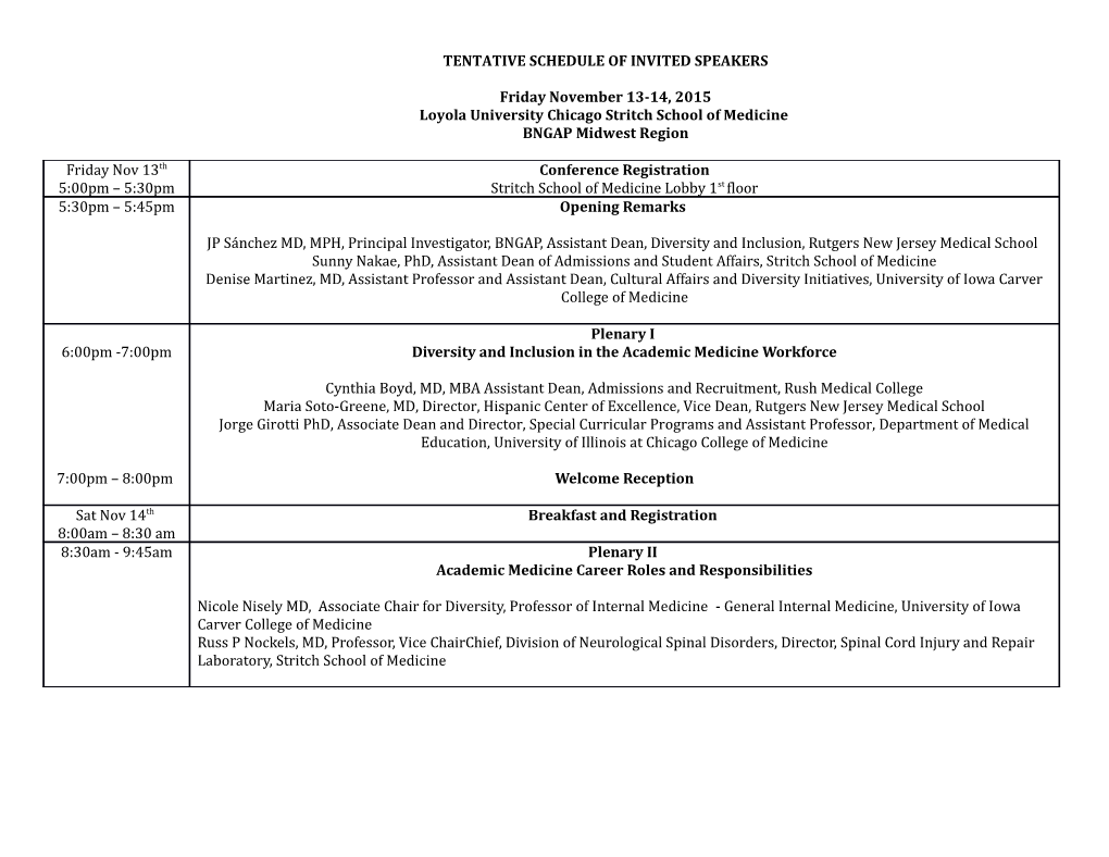 Tentative Schedule of Invited Speakers