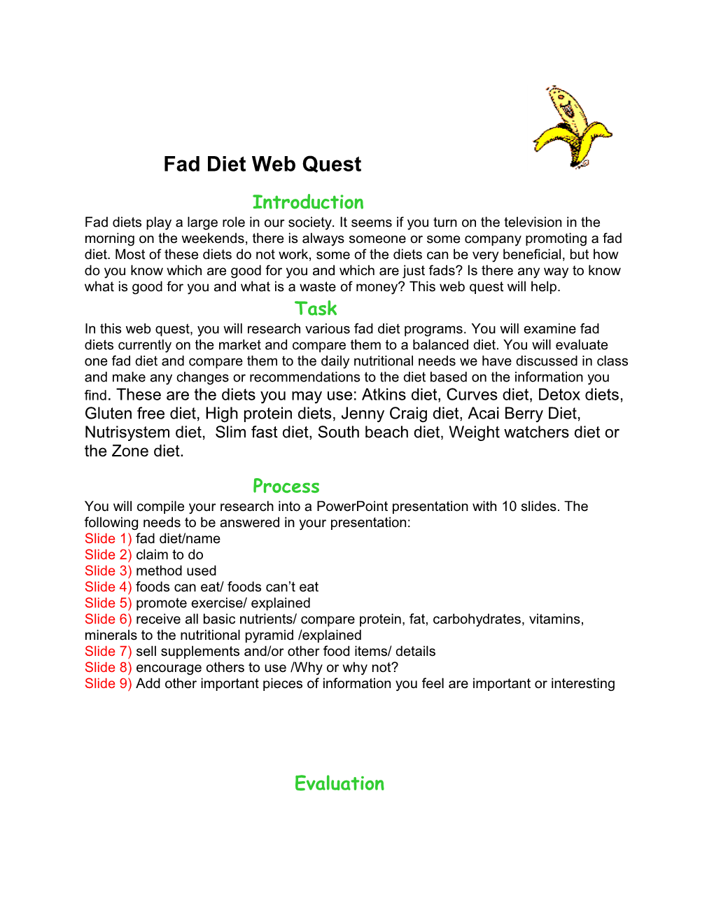 Fad Diet Web Quest