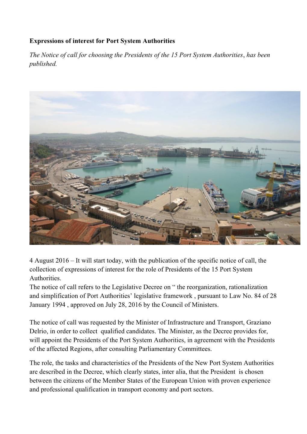 Expressions of Interest for Port System Authorities