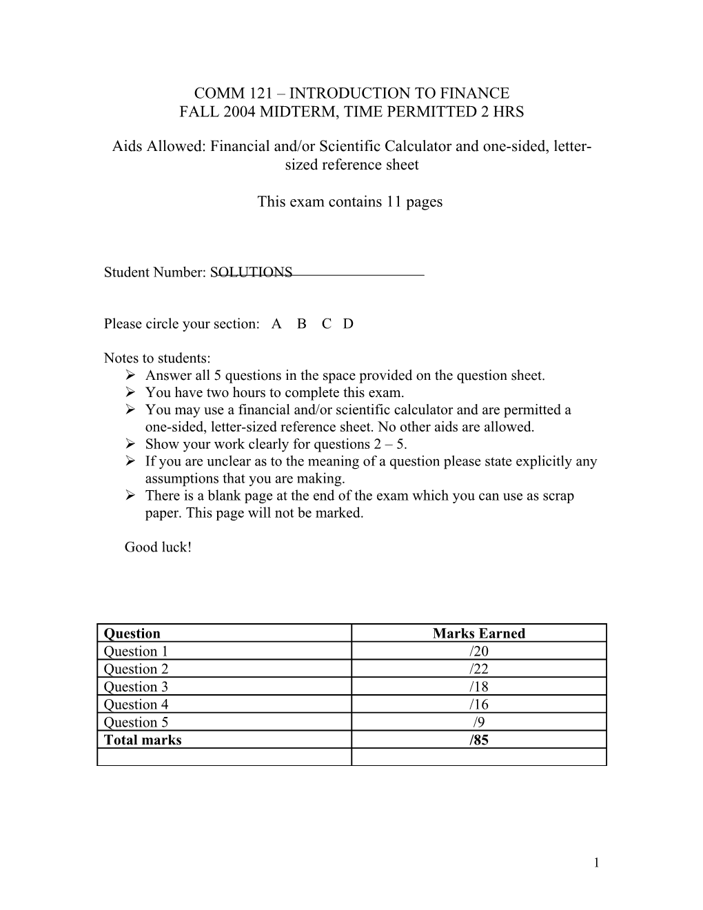 Comm 121 Introduction to Finance