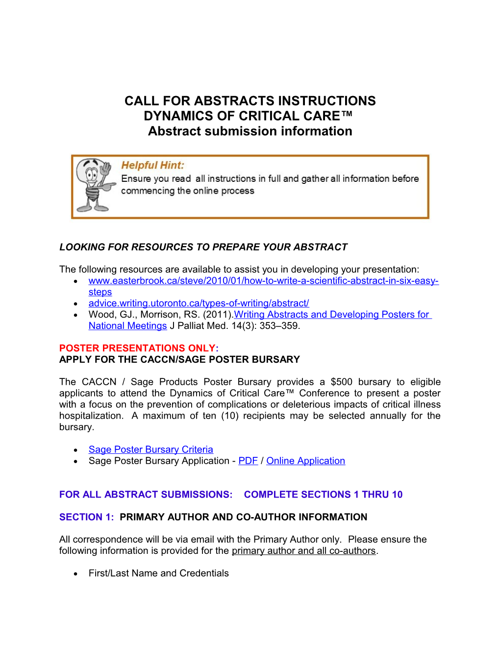 CALL for ABSTRACTS INSTRUCTIONS DYNAMICS of CRITICAL CARE Abstract Submission Information