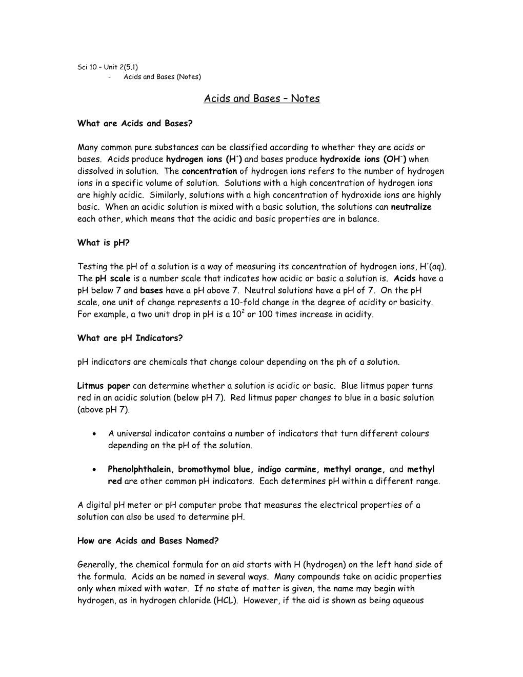 Acids and Bases (Notes)