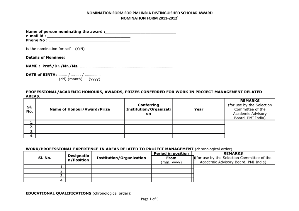 Nomination Form for Pmi India Distinguished Scholar Award