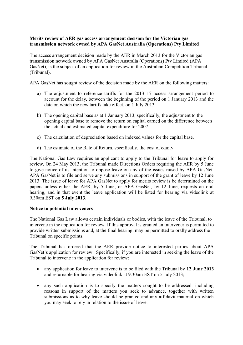 Merits Review of AER Gas Access Arrangement Decision for the Victorian Gas Transmission