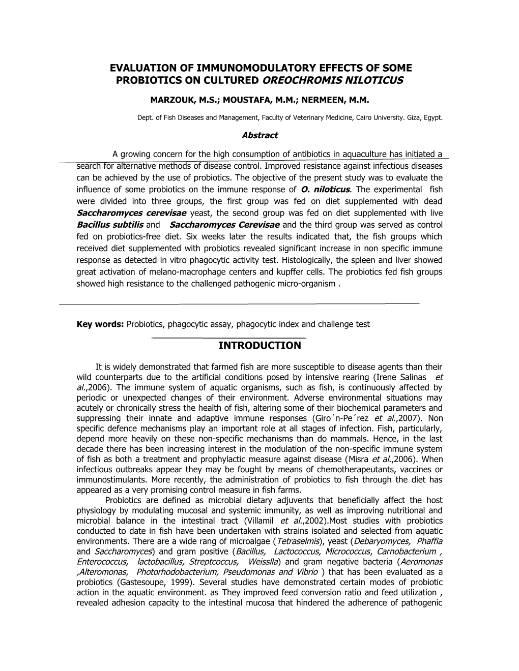 Evaluation of Immunomodulatory Effects of Some Probiotics on Cultured Oreochromis Niloticus