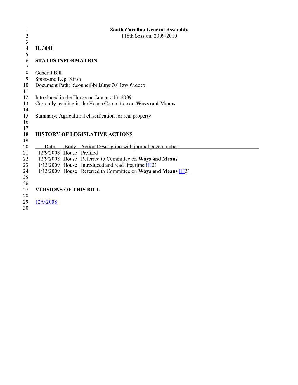 2009-2010 Bill 3041: Agricultural Classification for Real Property - South Carolina Legislature