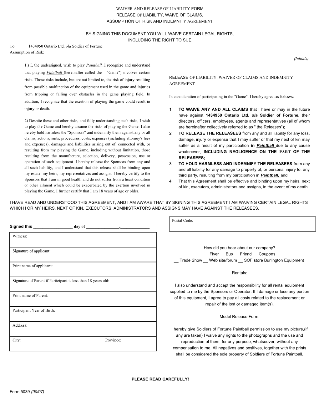 Waiver and Release of Liability Form