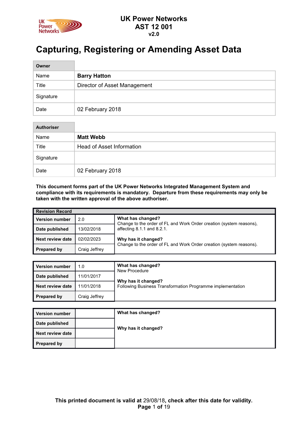 Capturing, Registering Or Amending Asset Data