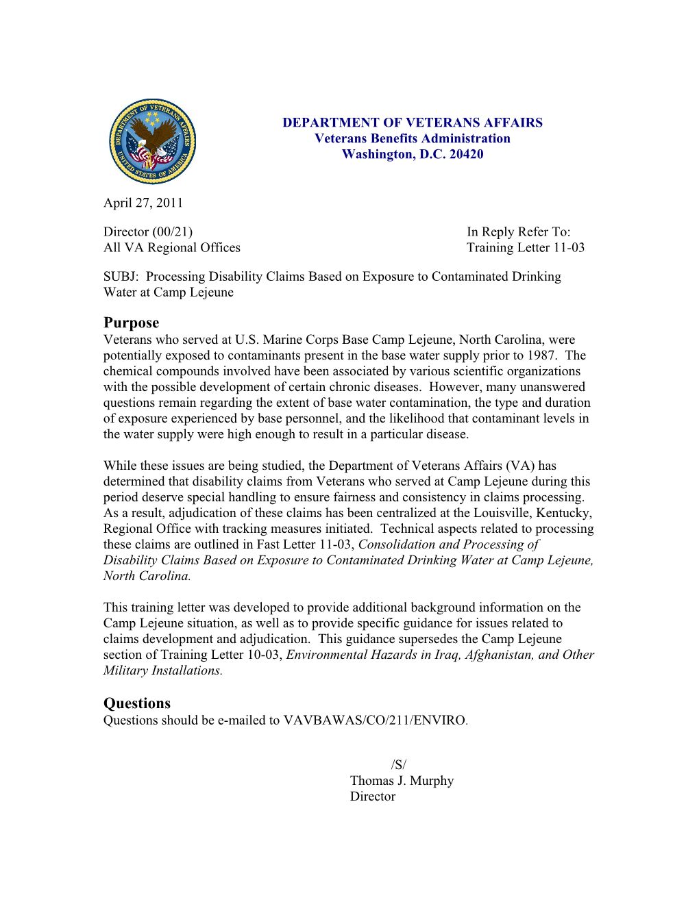 All VA Regional Offices Training Letter 11-03