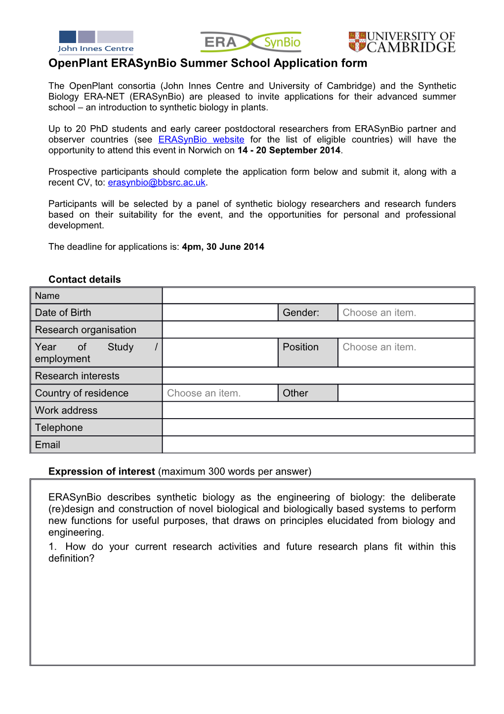 Openplant Erasynbio Summer School Application Form
