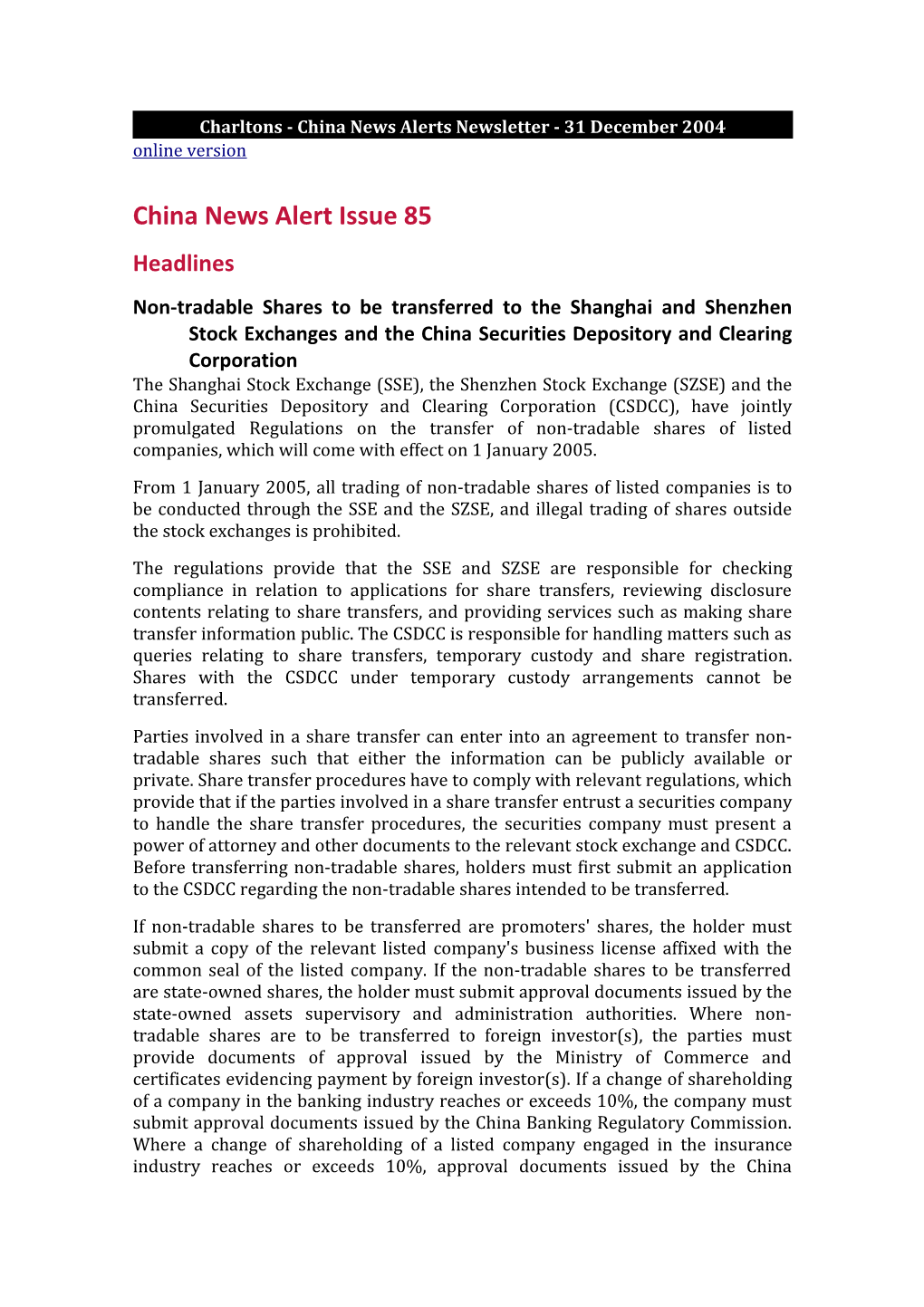 Charltons - China News Alerts Newsletter - 31 December 2004