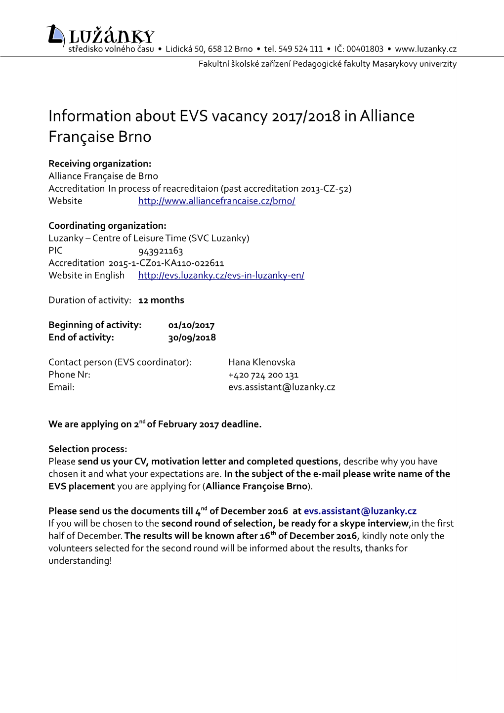 Information About EVS Vacancy 2017/2018 in Alliance Françaisebrno