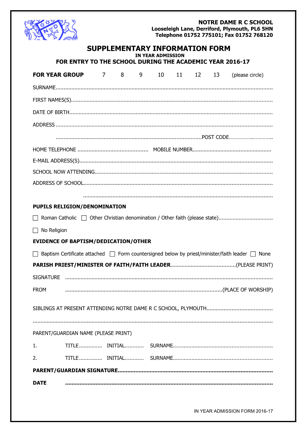 Application for Entry to the School on 200