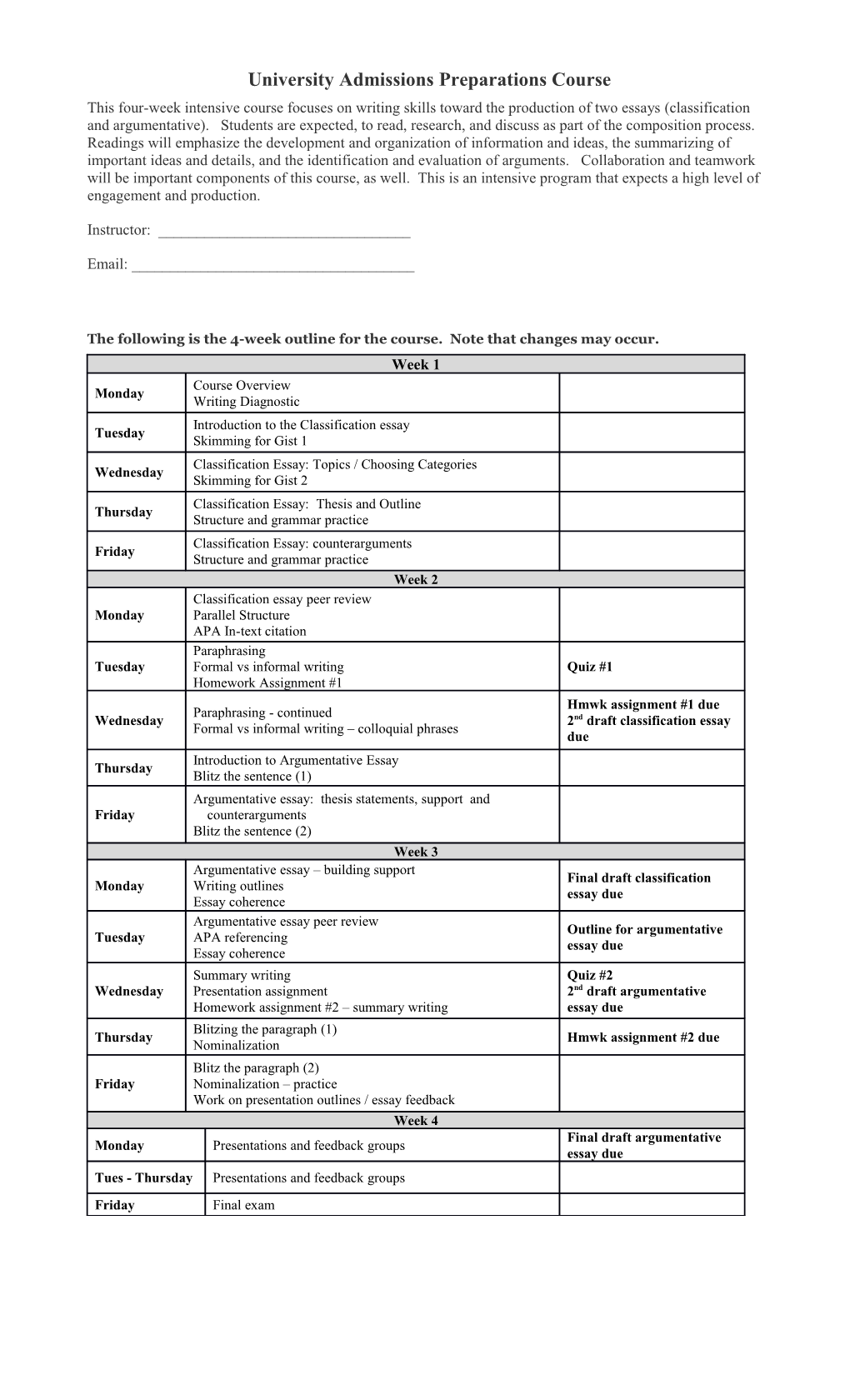 University Admissions Preparations Course