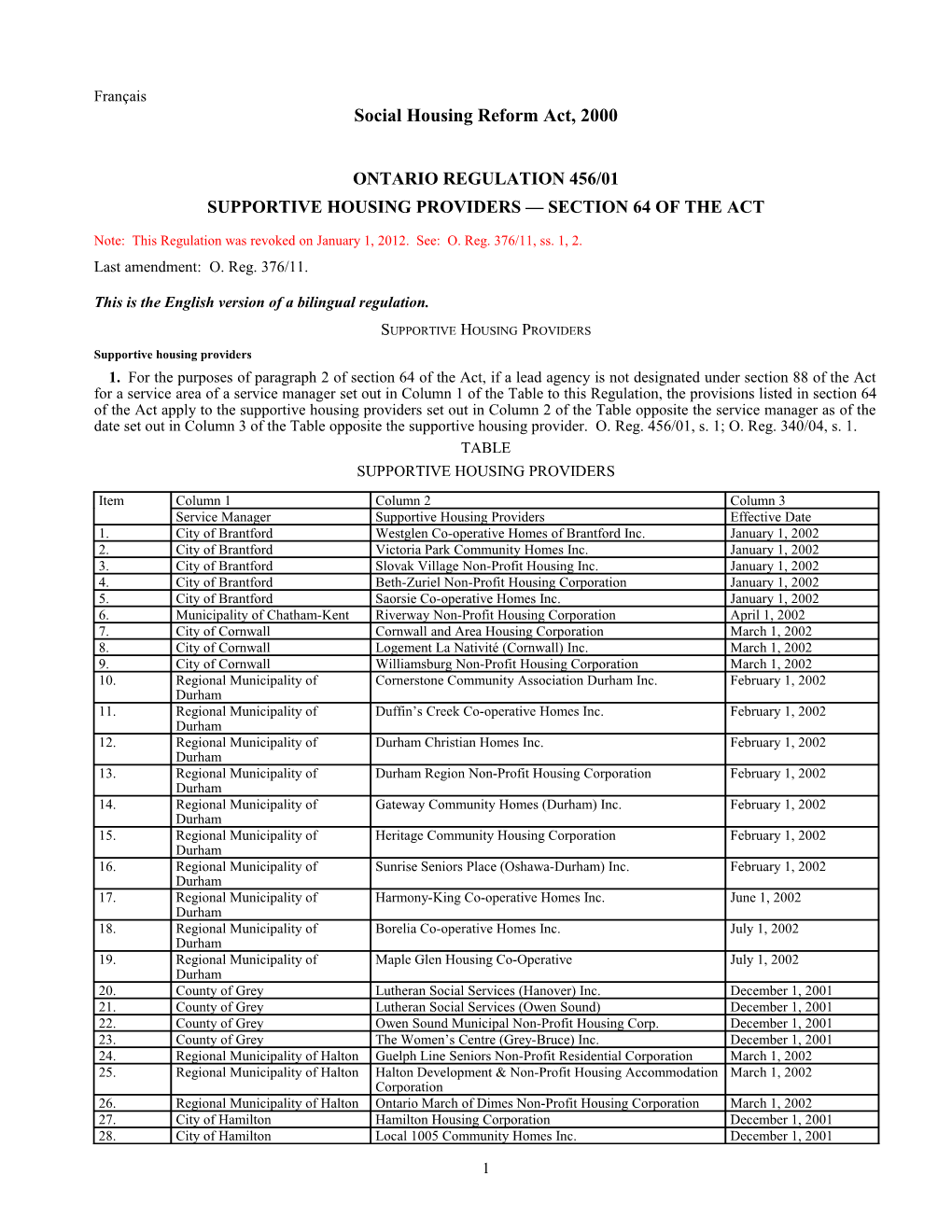 Social Housing Reform Act, 2000 - O. Reg. 456/01